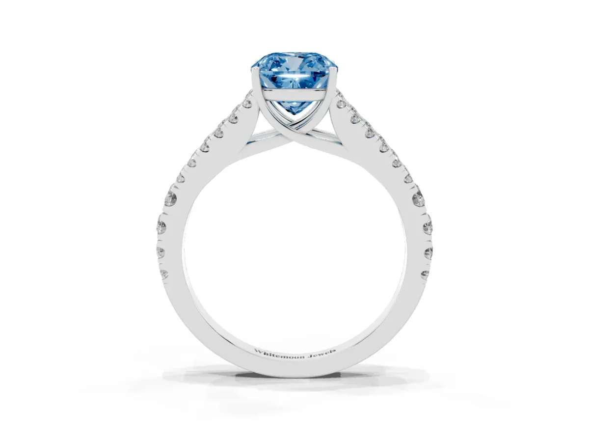 Fancy Blue Cushion Cut Diamond Split Shank Pavé Engagement Ring with Four-Prong Setting Platinum