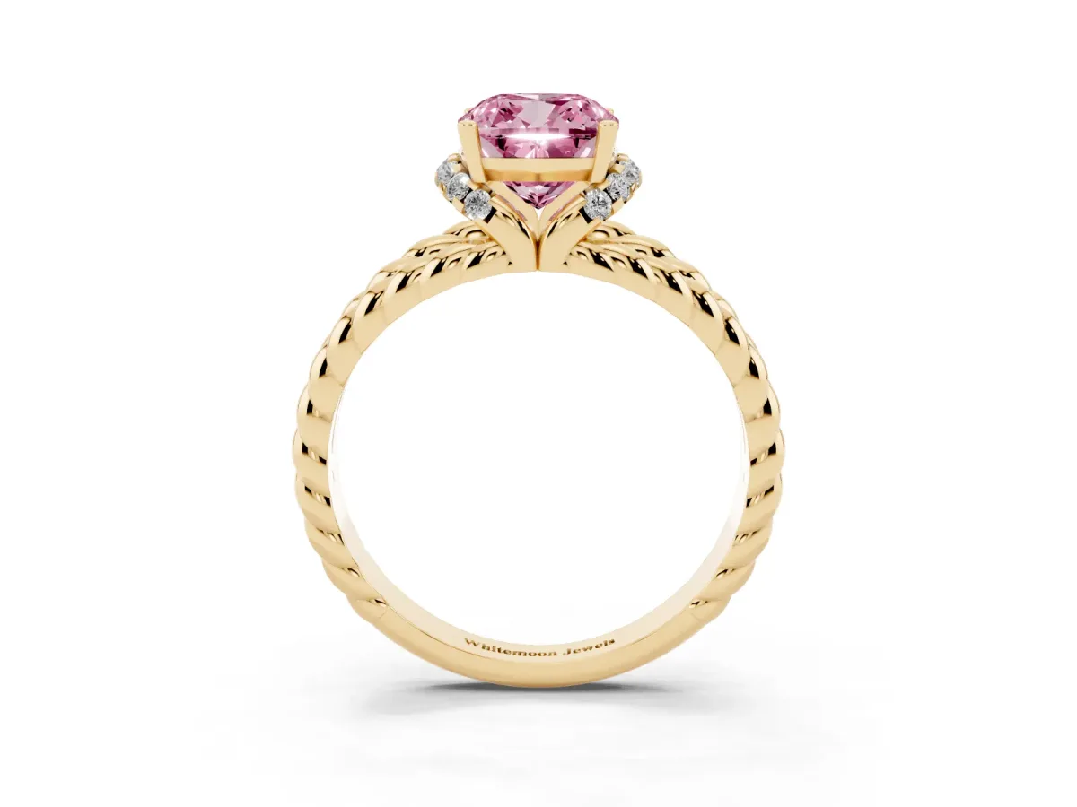 Fancy Pink Cushion Cut Halo Twisted Band Four-Prong Ring Yellow gold
