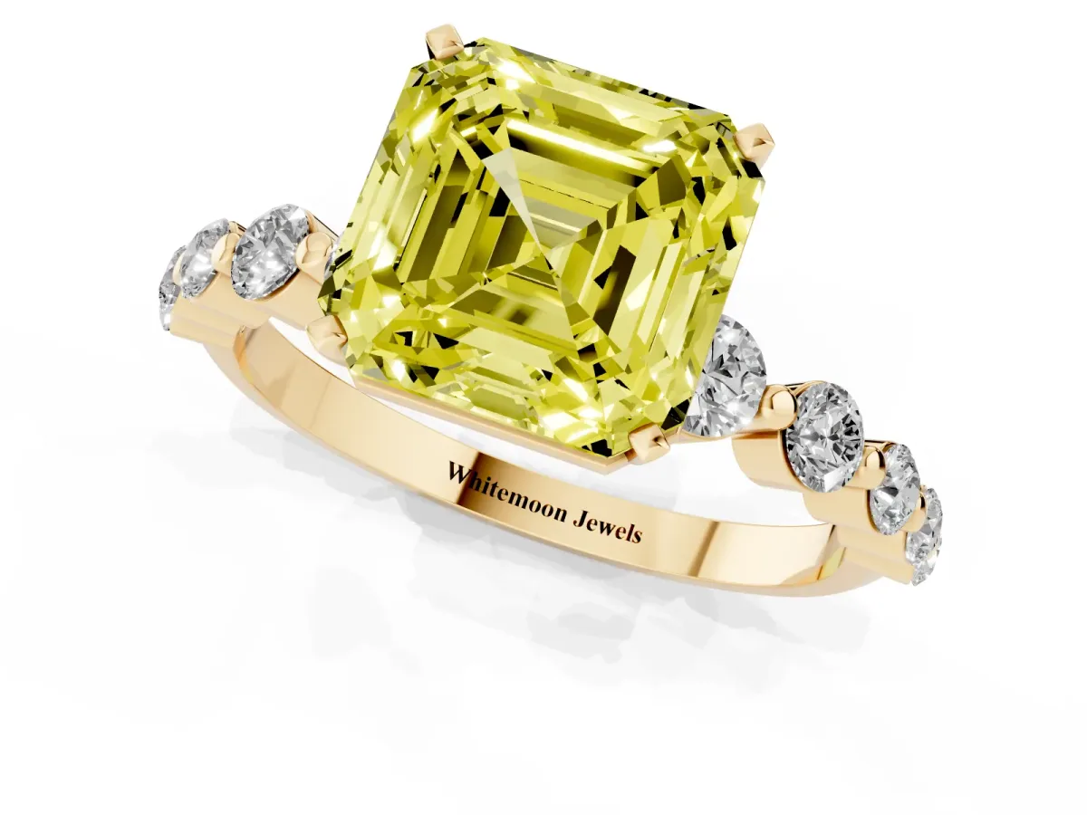 Fancy Yellow Asscher Cut Solitaire Diamond Ring with Pave Band and Four-Prong Setting Yellow gold