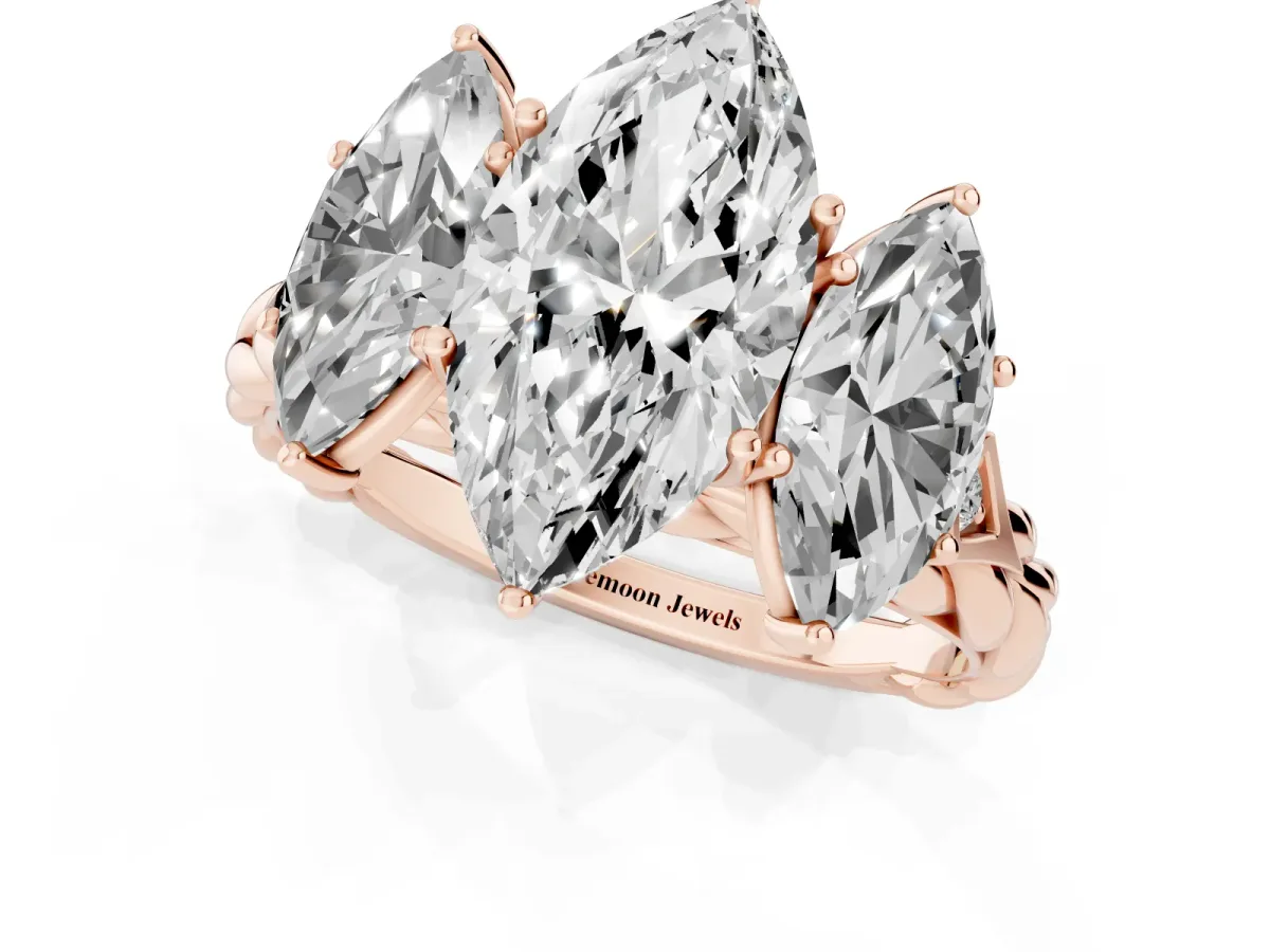 Three-Stone Marquise Cut Diamond Braided Band Ring with Four-Prong Setting Rose gold