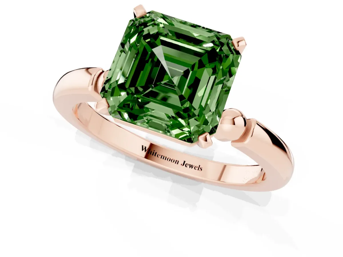 Fancy Green Asscher Cut Solitaire Beaded Band with Four-Prong Setting Rose gold