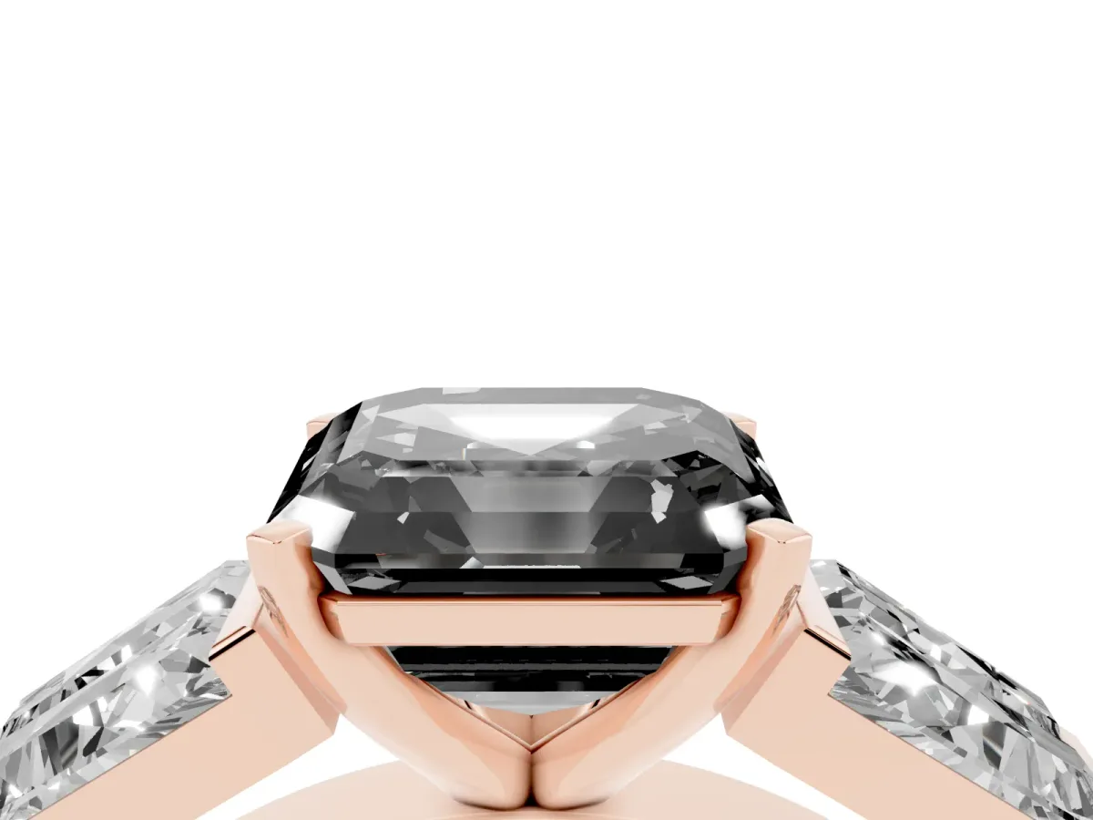 Fancy Black Asscher Cut Diamond Engagement Ring with Baguette Side Stones and Channel Set Band Rose gold