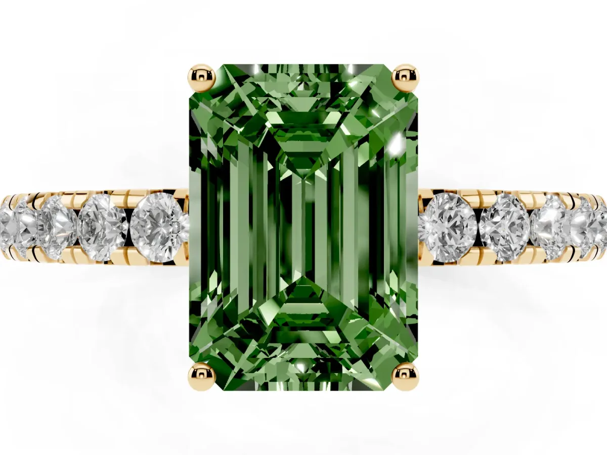 Fancy Green Emerald Cut Diamond Pavé Solitaire Engagement Ring with Four-Prong Setting Yellow gold