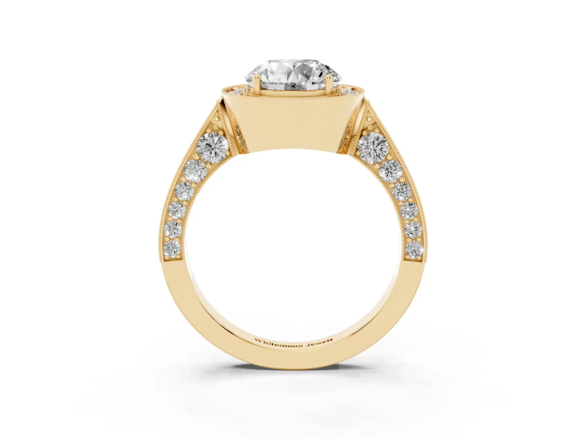 Round Cut Halo Diamond Engagement Ring with Split Shank Band and Four-Prong Setting Yellow gold