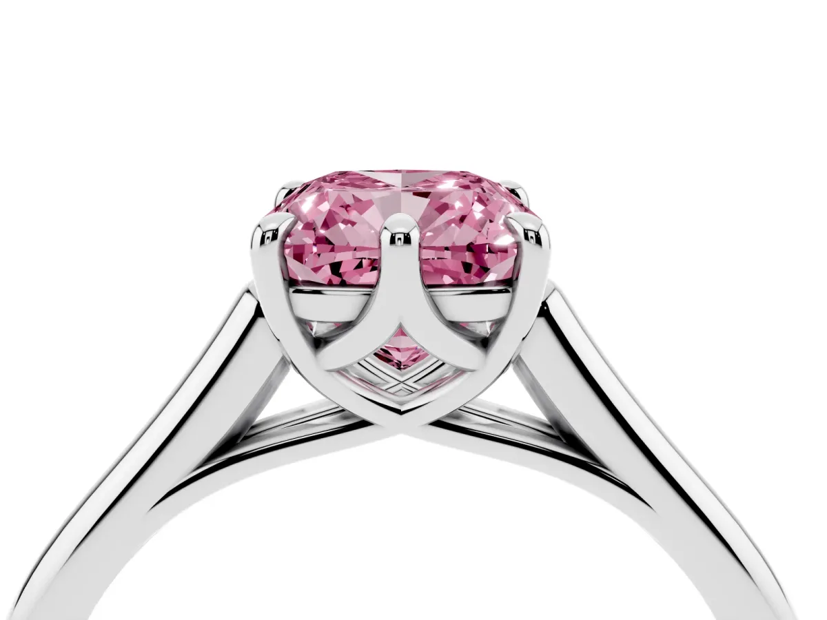 Fancy Pink Cushion Cut Solitaire Engagement Ring with Six-Prong Setting and Classic Band Platinum