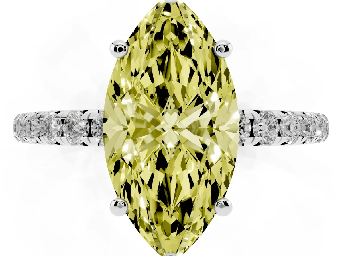 Fancy Yellow Marquise Cut Cut Diamond Solitaire Ring with Micro Pave Band and Four Prong Setting Silver