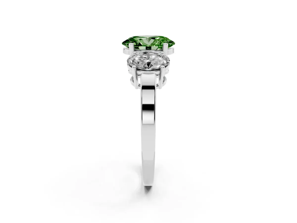 Fancy Green Three-Stone Oval Cut Cut Diamond Engagement Ring with Flat Band and Four-Prong Setting Silver