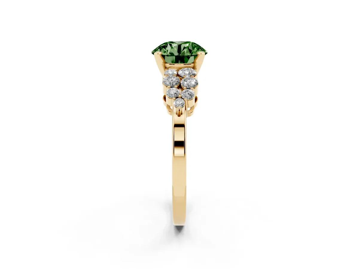 Fancy Green Round Cut Cluster Diamond Engagement Ring with Pavé Band and Four-Prong Setting Yellow gold
