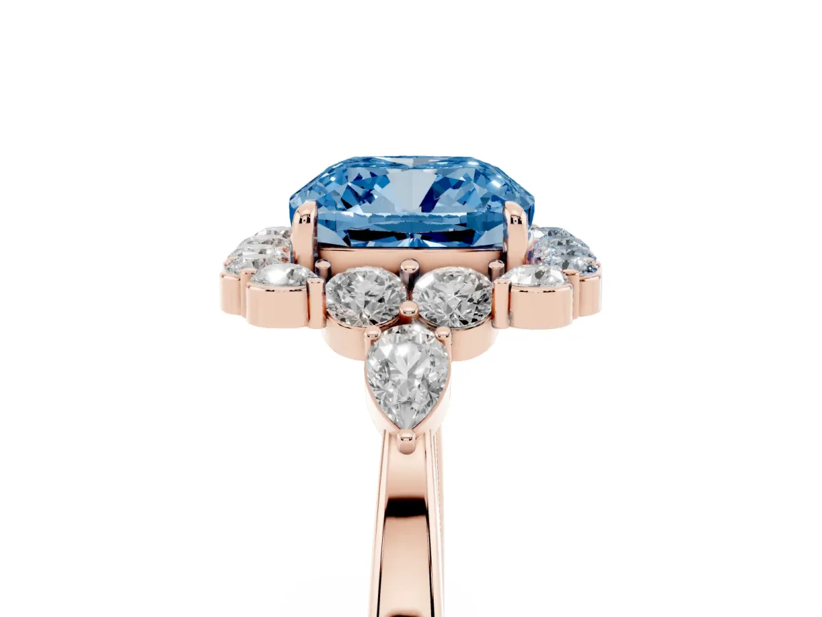 Fancy Blue Cushion Cut Diamond Halo Ring with Pear Side Stones and Prong Setting Rose gold