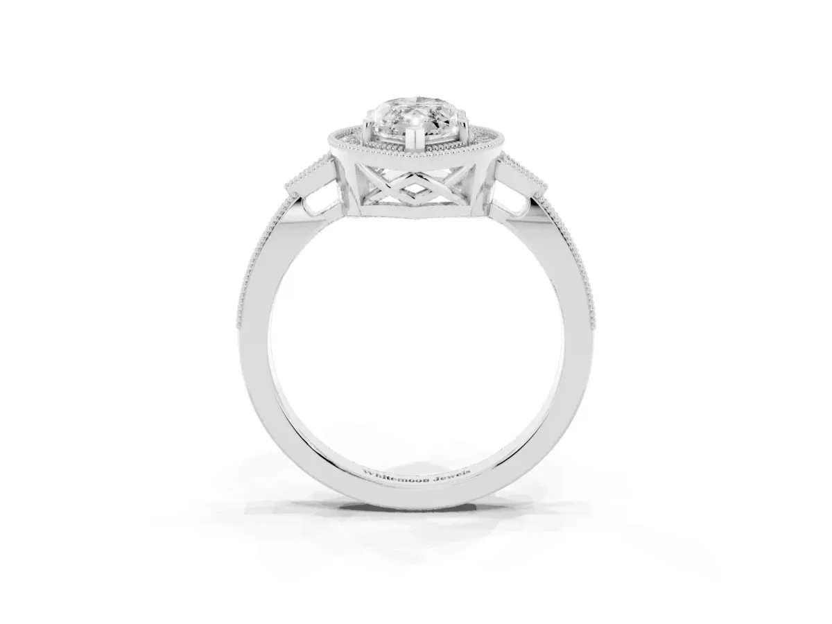 Marquise Cut Halo Round Diamond Milgrain Pave Engagement Ring Silver