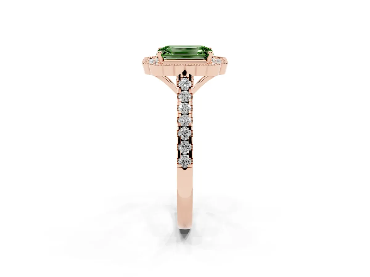 Fancy Green Emerald Cut Cut Diamond Milgrain Floral Halo Engagement Ring with Pavé Band Rose gold