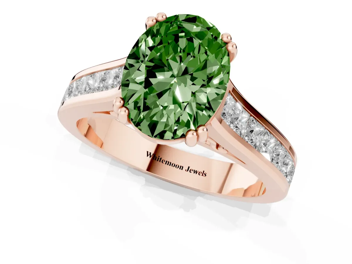 Fancy Green Oval Cut Cut Channel Set Solitaire Engagement Ring with Prong Setting Rose gold