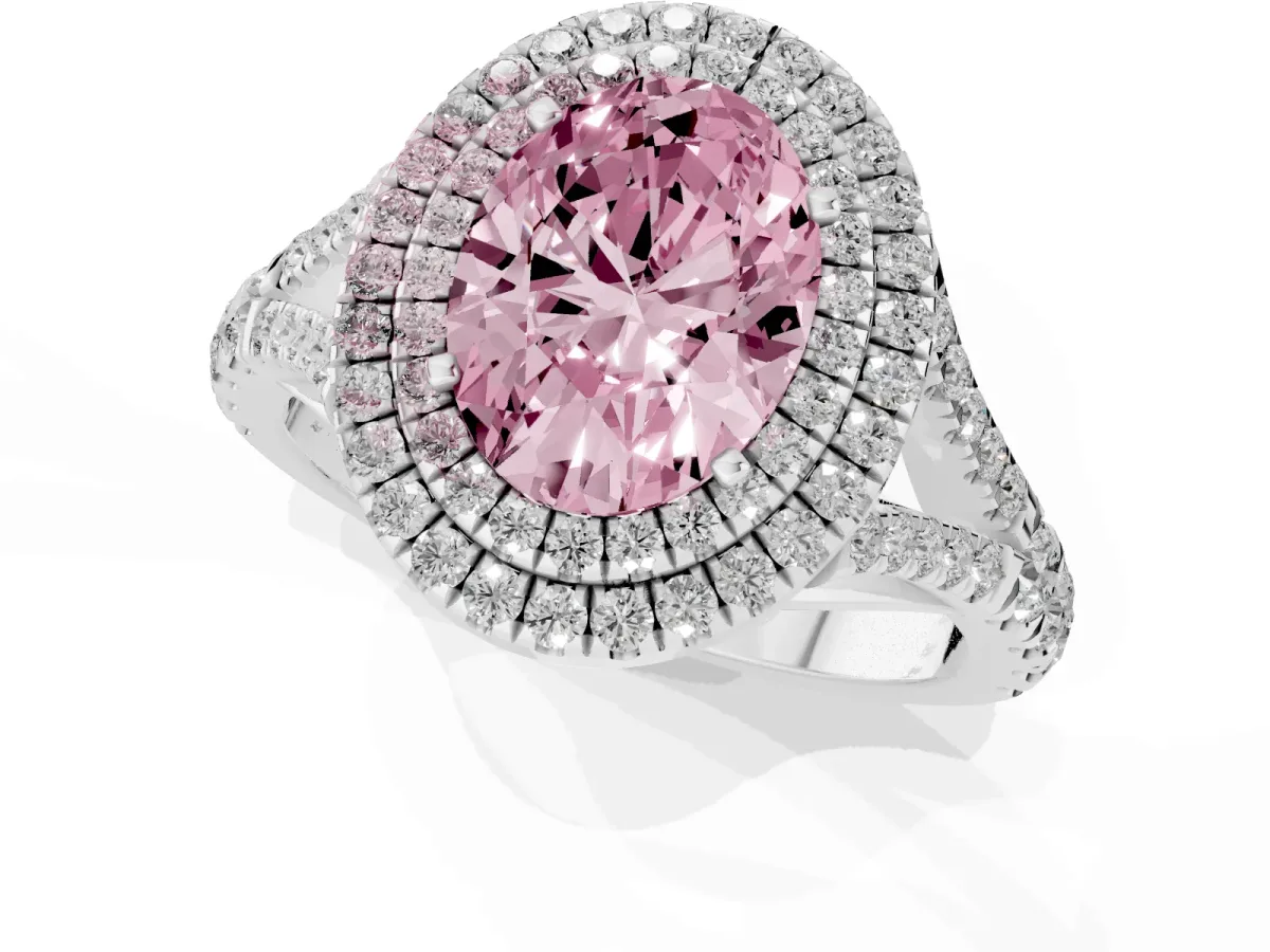 Fancy Pink Double Halo Oval Cut Diamond Split Shank Engagement Ring with Four-Prong Setting Silver