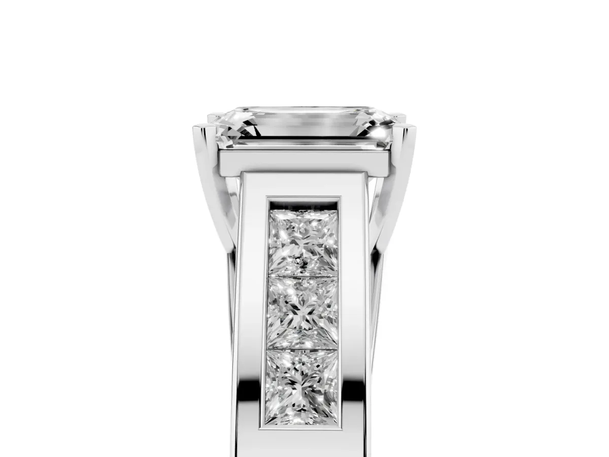 Emerald Cut Cut Channel Set Solitaire Ring with Four-Prong Setting Silver