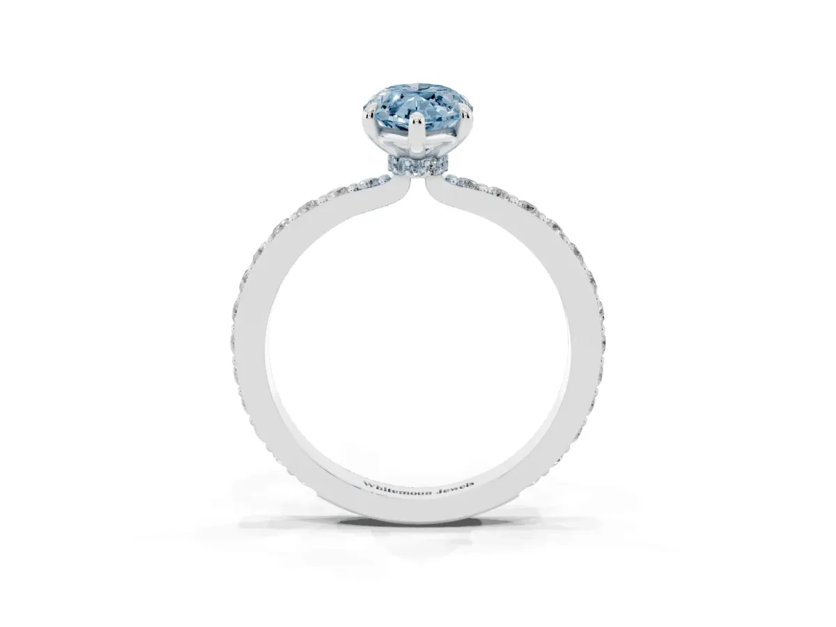 Fancy Blue Marquise Cut Diamond Pavé Engagement Ring with Round Accents and Prong Setting White gold