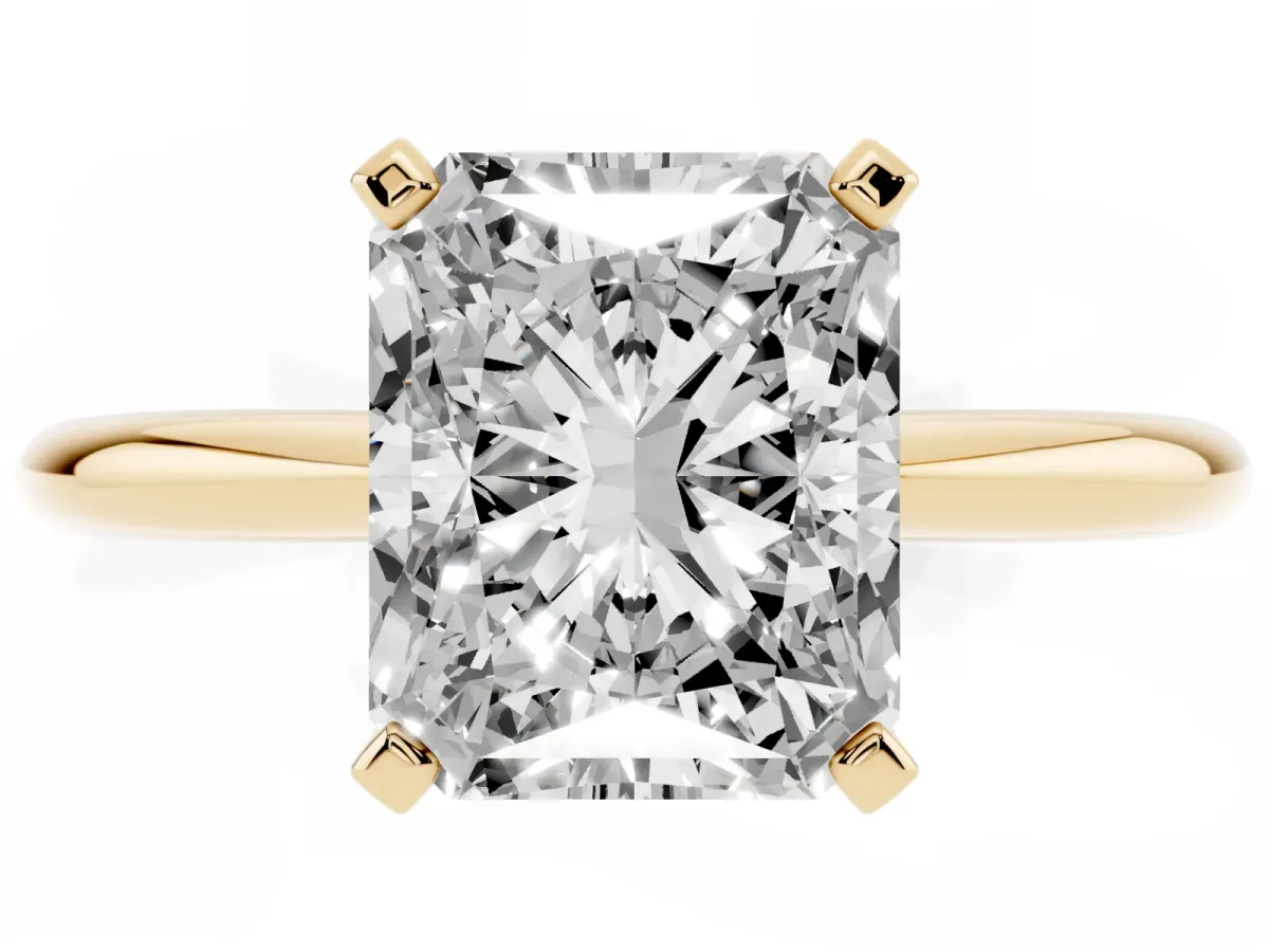 Radiant Cut Diamond Solitaire Ring with Prong Setting and Classic Band Yellow gold