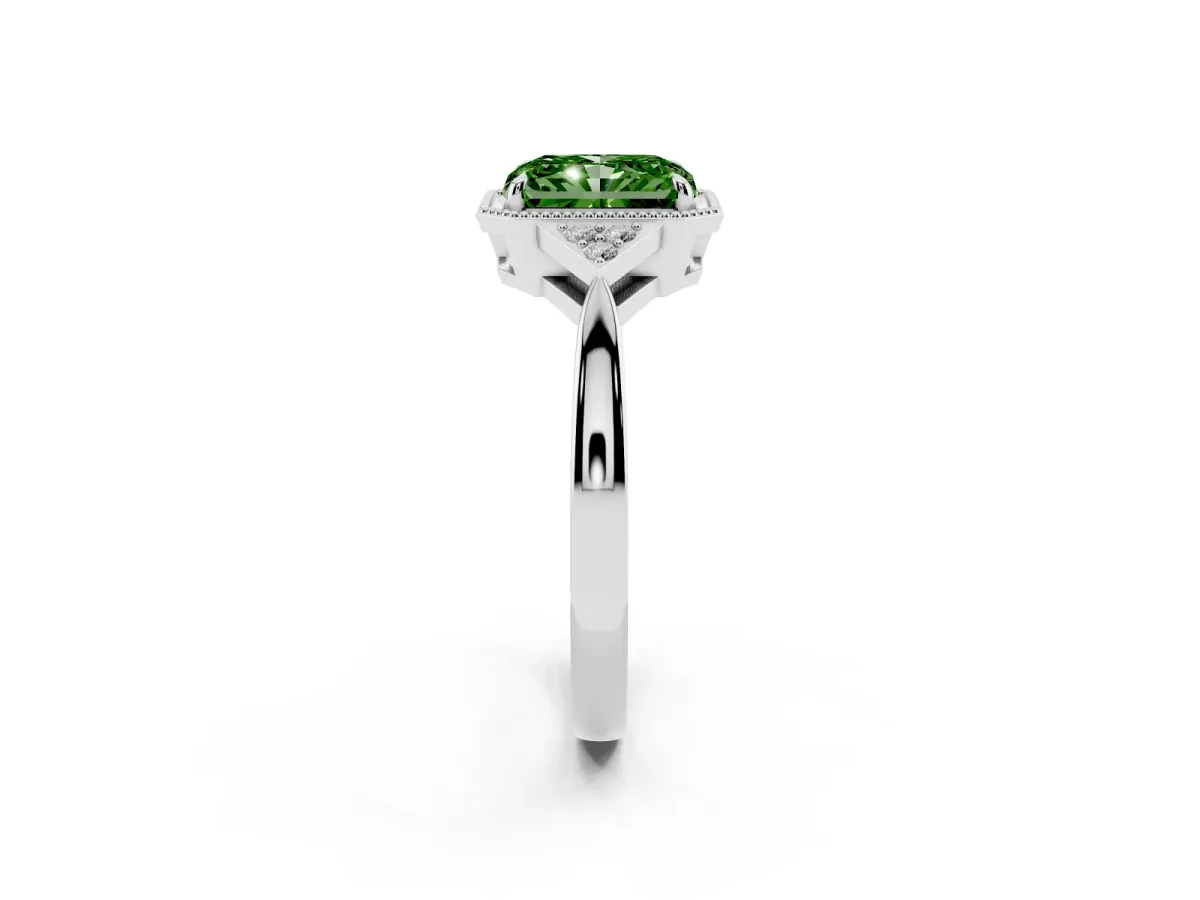 Fancy Green Hexagonal Halo Radiant Cut Diamond Solitaire with Pavé Band and Four-Prong Setting Platinum