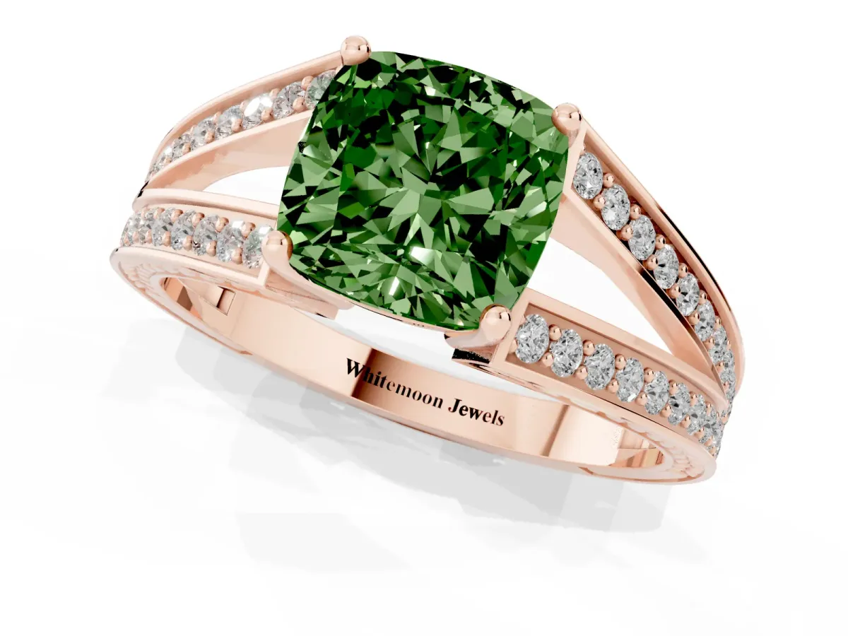 Fancy Green Cushion Cut Diamond Split Shank Ring with Pavé Band and Four-Prong Setting Rose gold