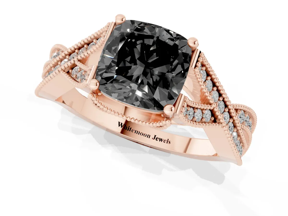 Fancy Black Cushion Cut Cut Diamond Twisted Band with Milgrain Pave Setting and Four-Prong Setting Rose gold