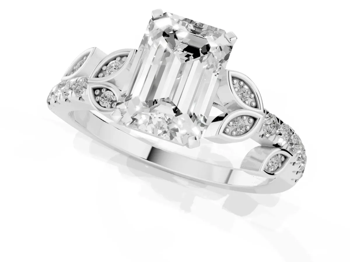 Emerald Cut Solitaire Leaf-Inspired Diamond Ring with Pavé Band and Four-Prong Setting Silver