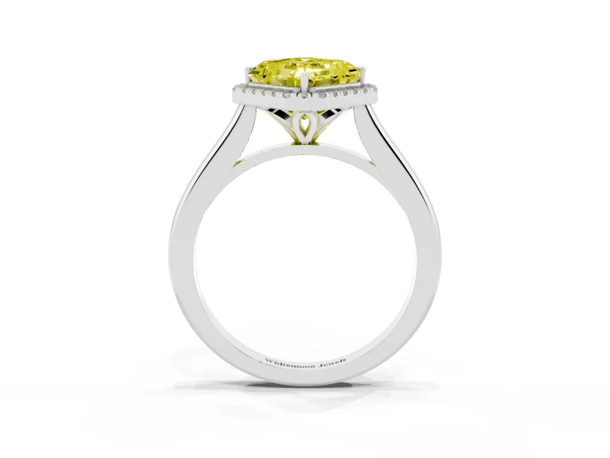 Fancy Yellow Asscher Cut Halo Round Diamond Solitaire Engagement Ring with Pave Band and Four-Prong Setting Silver
