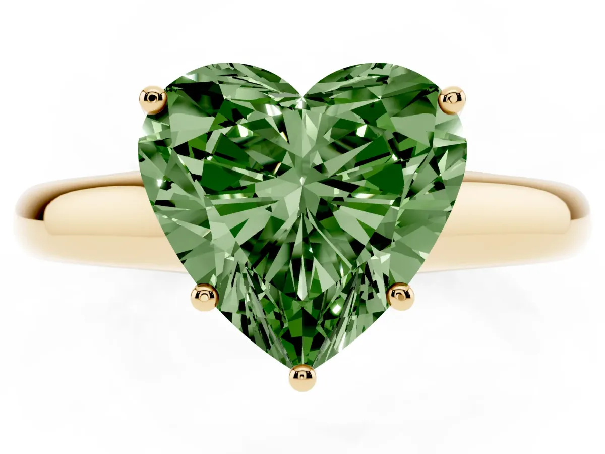 Fancy Green Heart Cut Cut Diamond Solitaire Engagement Ring with Tapered Plain Band and Four-Prong Setting Yellow gold
