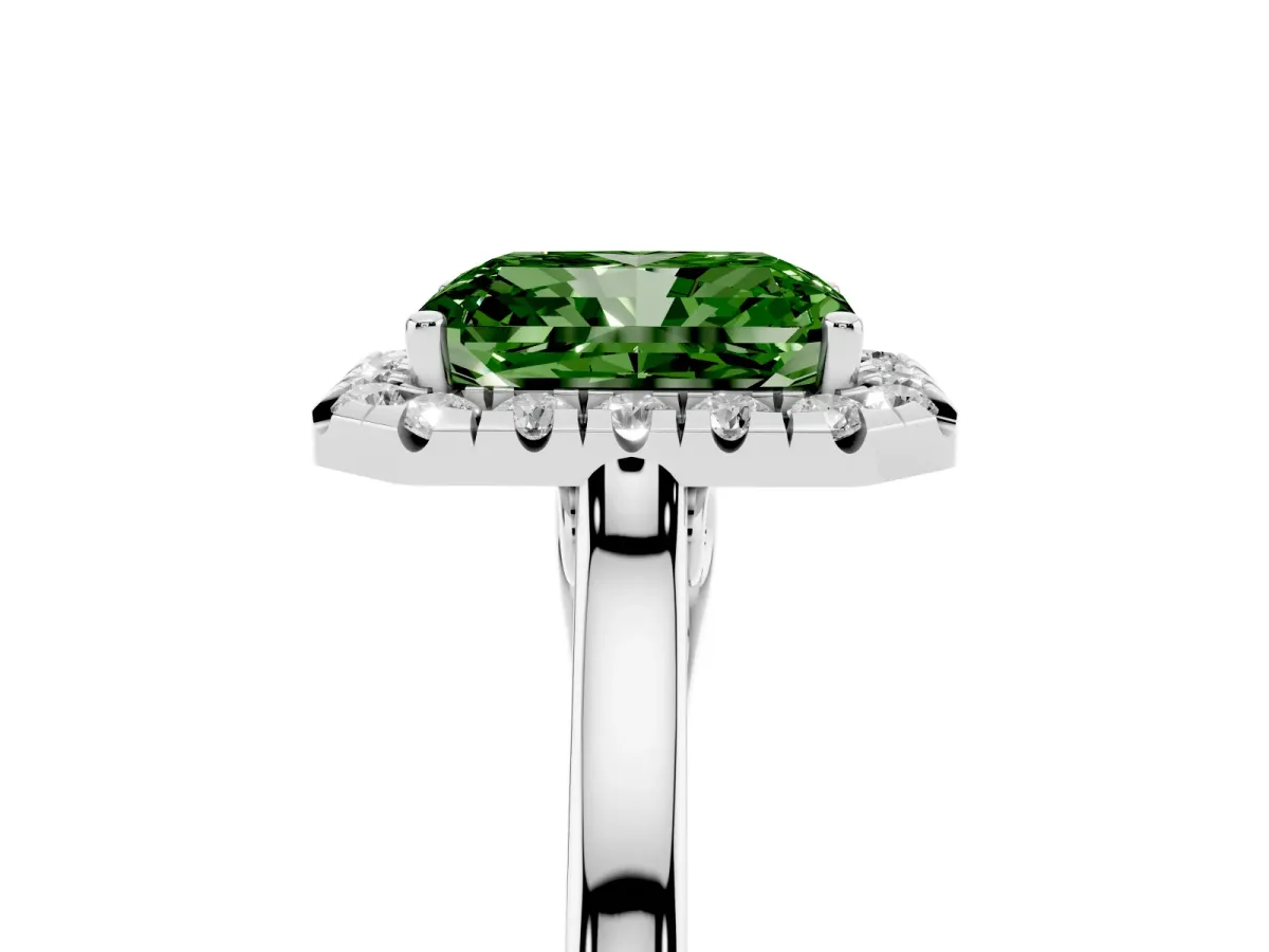Fancy Green Radiant Cut Halo Round Diamond Solitaire Ring with Pavé Band and Four-Prong Setting Silver