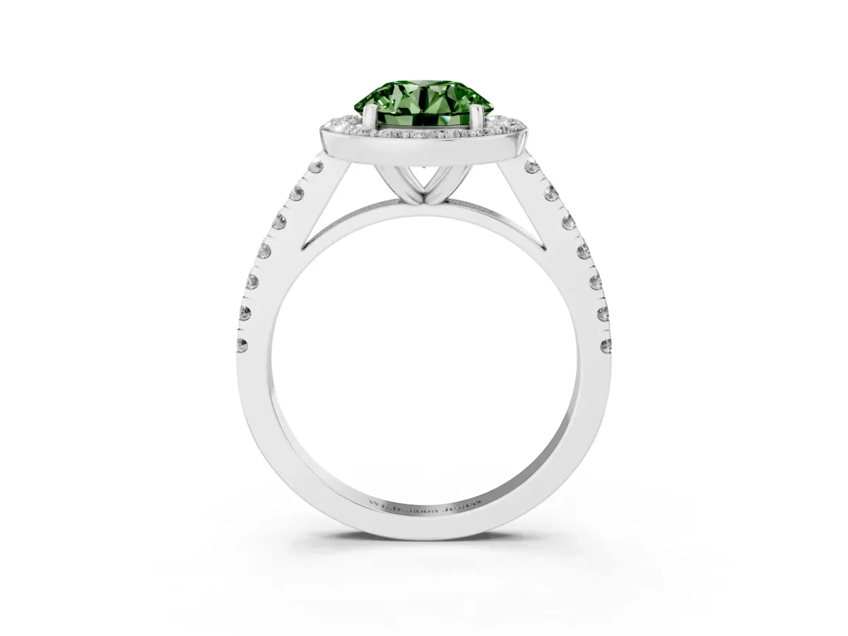 Fancy Green Round Cut Diamond Halo Ring with Round Pavé Split Shank and Prong Setting Silver