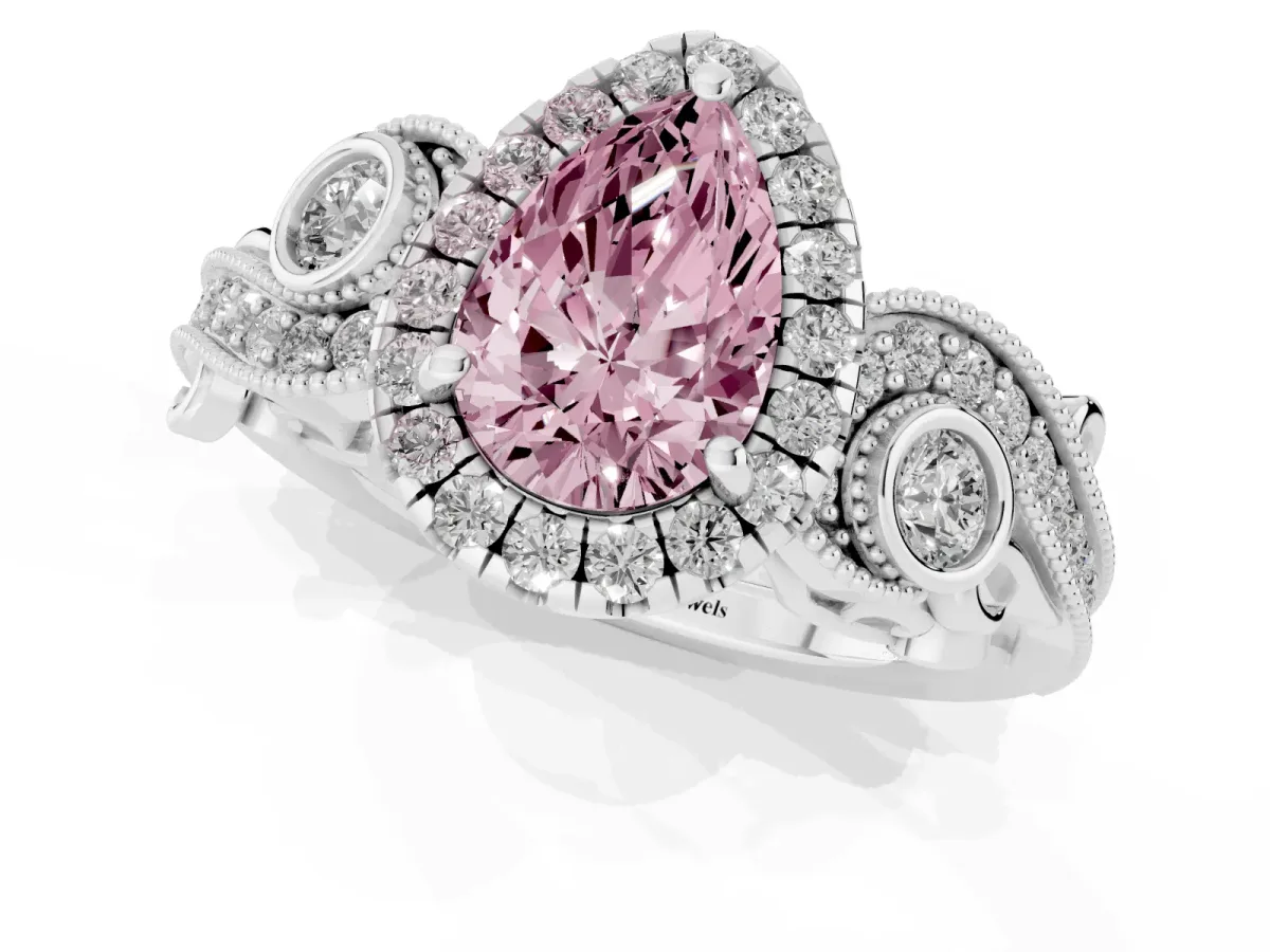 Fancy Pink Pear Cut Diamond Halo Ring with Milgrain Pavé Band and Four-Prong Setting Silver
