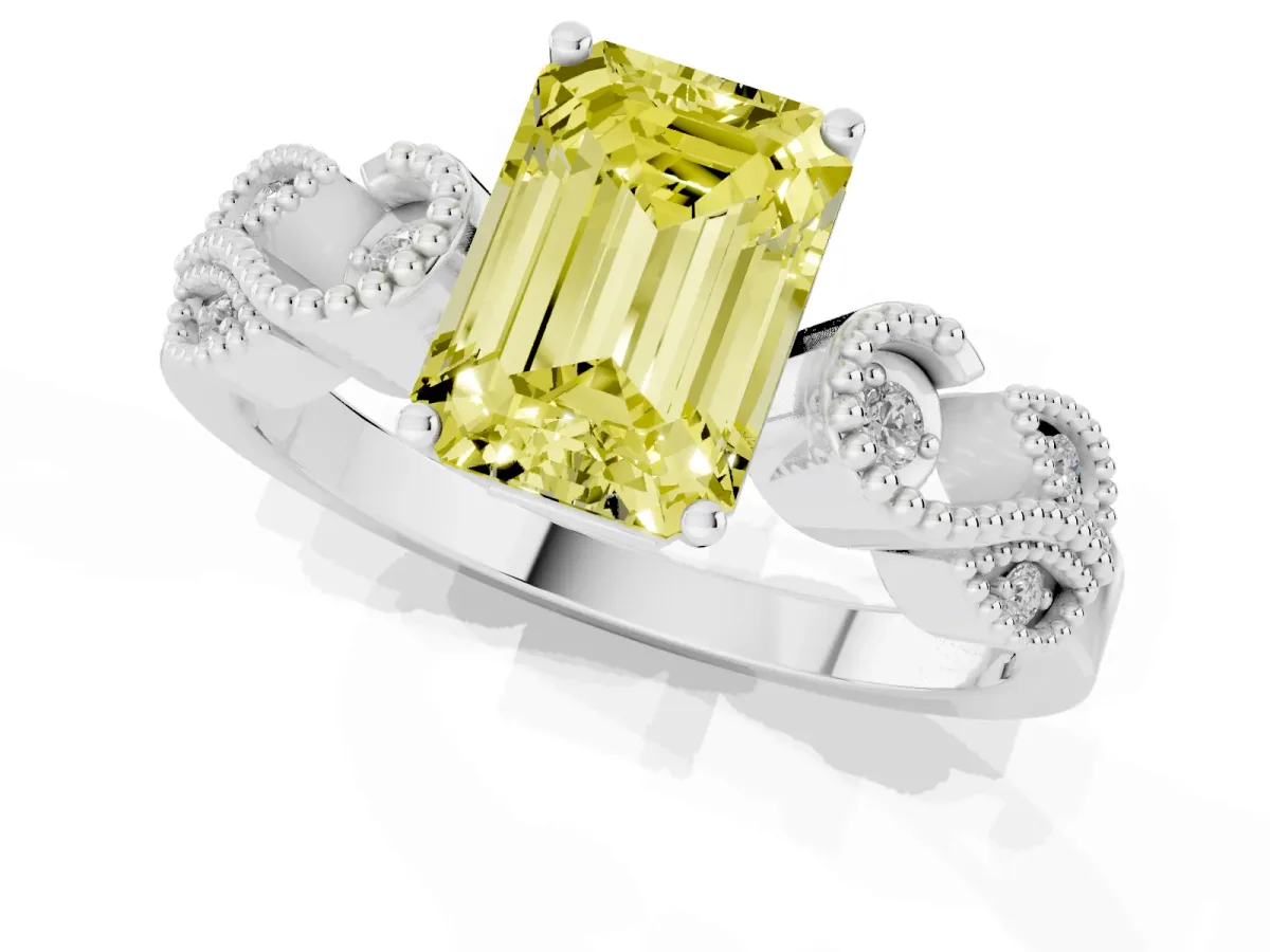 Fancy Yellow Emerald Cut Solitaire Milgrain Leaf Band with Prong Setting White gold