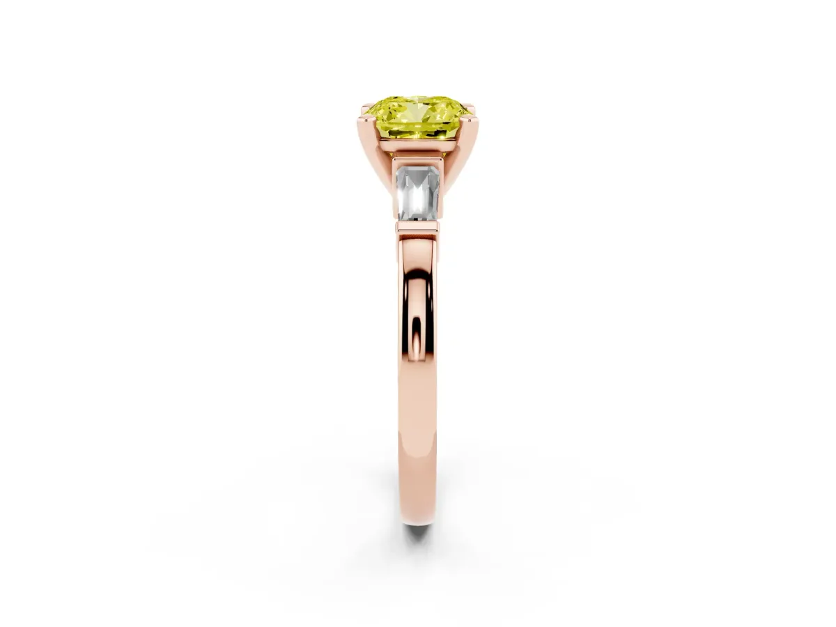 Fancy Yellow Cushion Cut Cut Diamond Solitaire Ring with Tapered Baguette Accents and Four-Prong Setting Rose gold