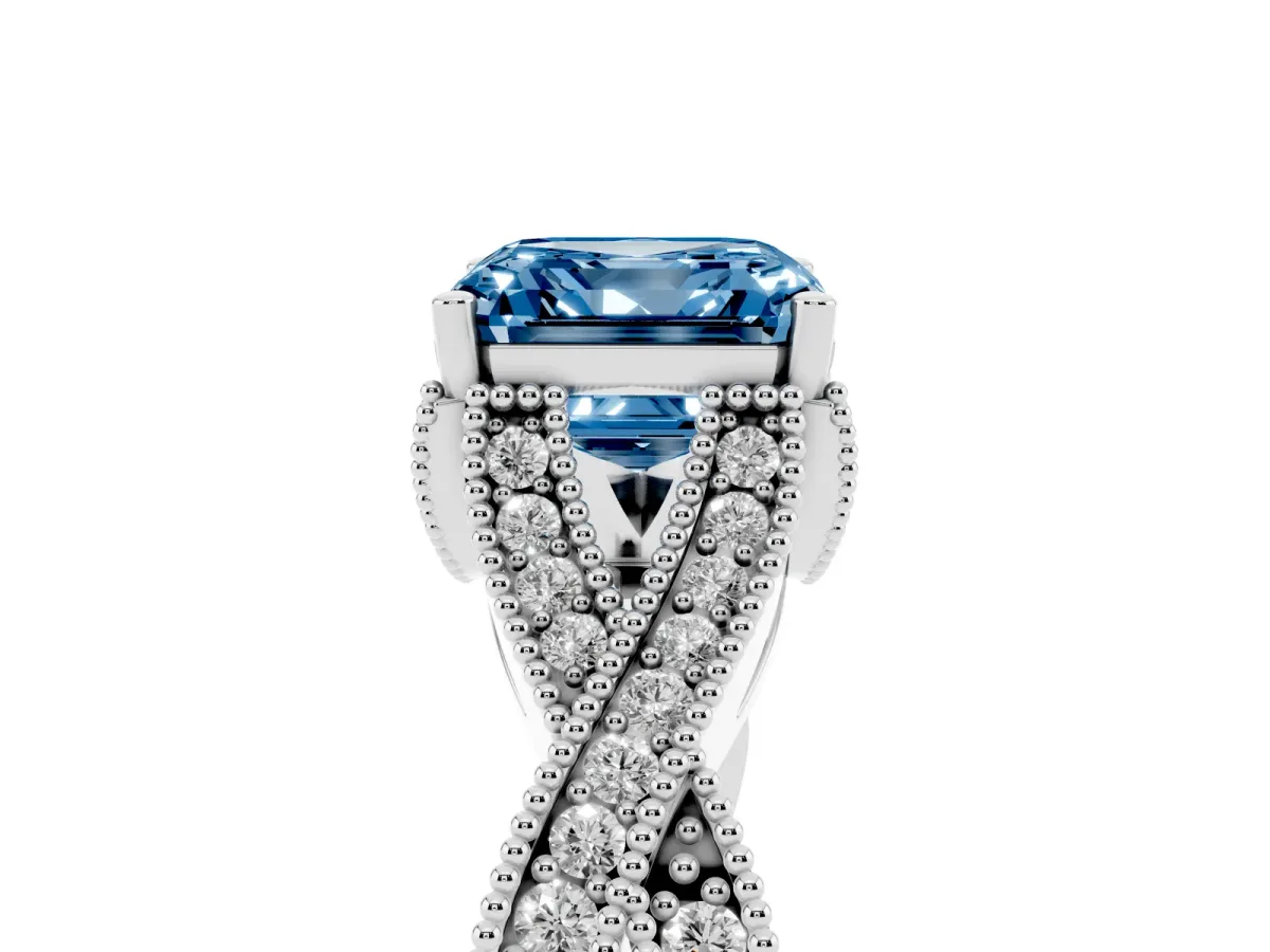 Fancy Blue Asscher Cut Cut Diamond Twisted Band with Milgrain Pave Setting and Four-Prong Setting Silver