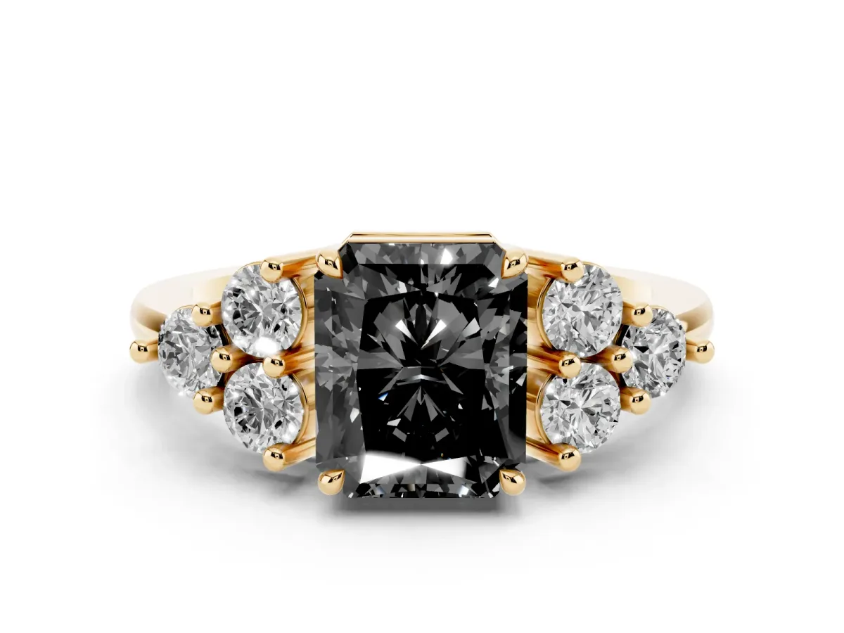 Fancy Black Radiant Cut Brilliant Diamond Cluster Accent Solitaire Ring with Prong Setting Yellow gold