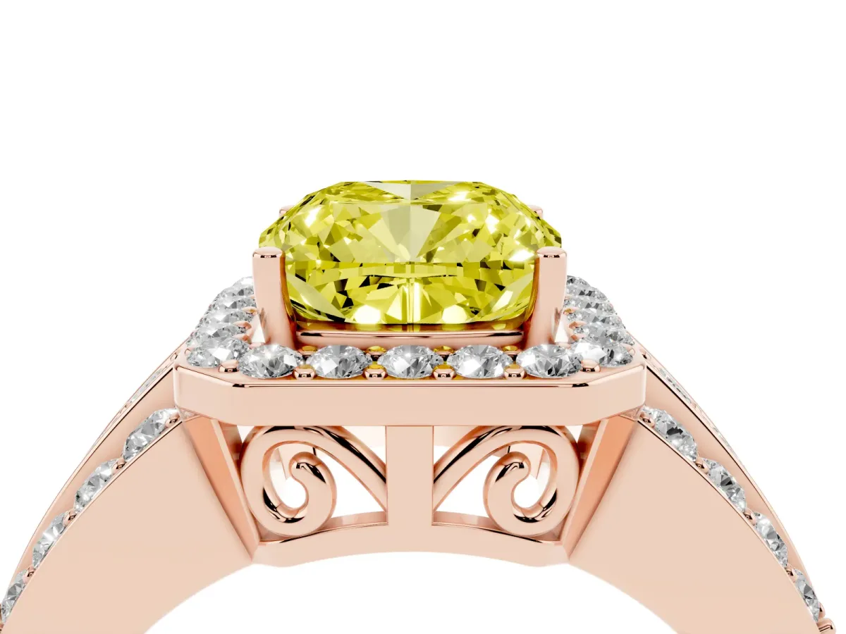 Fancy Yellow Cushion Cut Halo Diamond Ring with Round Split Shank and Prong Setting Rose gold