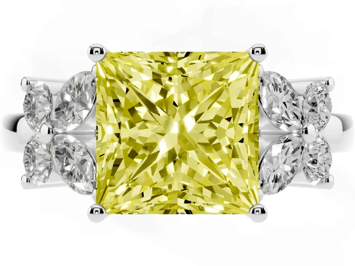 Fancy Yellow Princess Cut Diamond Floral Cluster Ring with Solitaire Band and Prong Setting Platinum