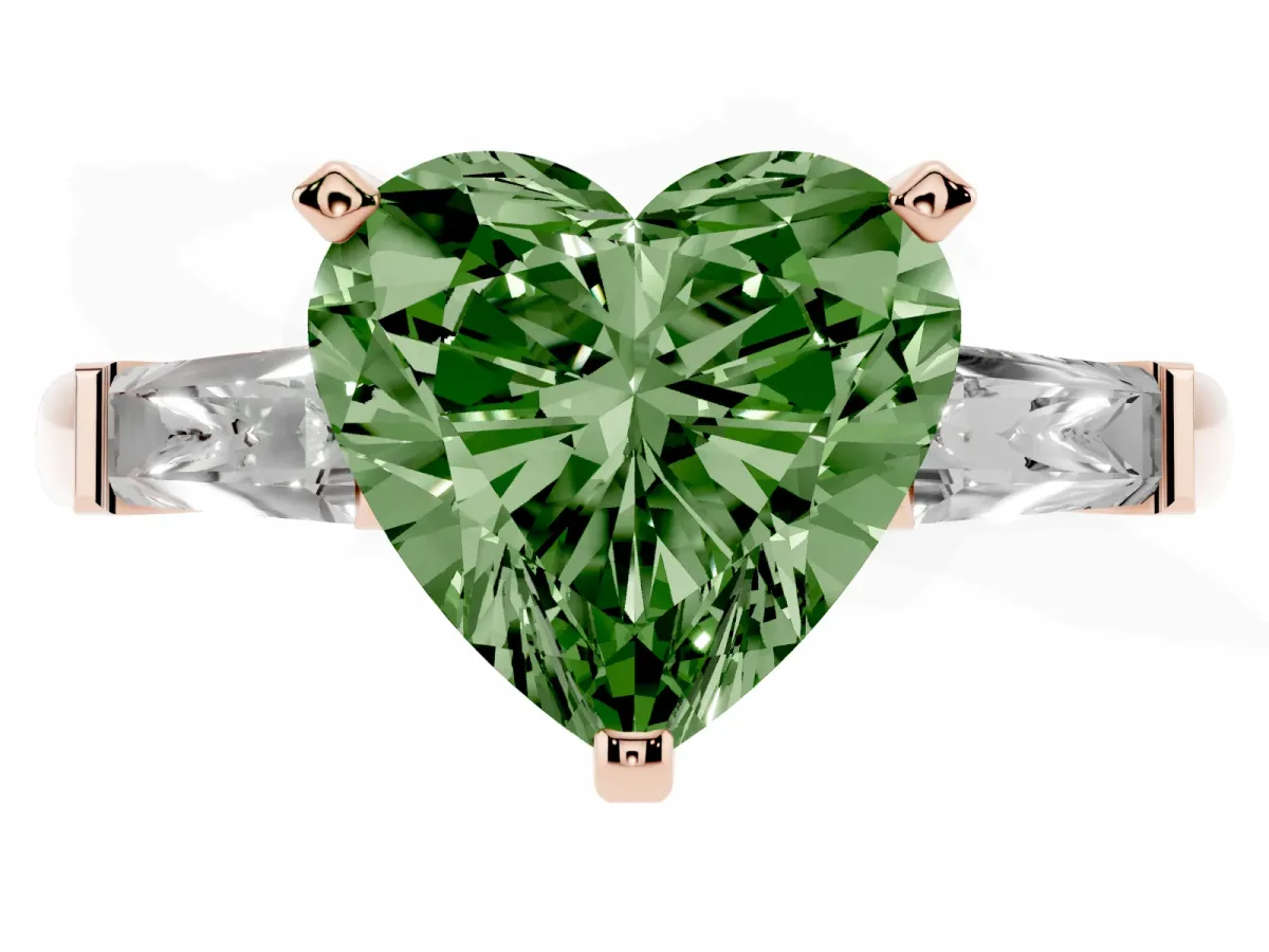 Fancy Green Heart Cut Solitaire with Tapered Baguette Side Stones on a Classic Band with Four-Prong Setting Rose gold