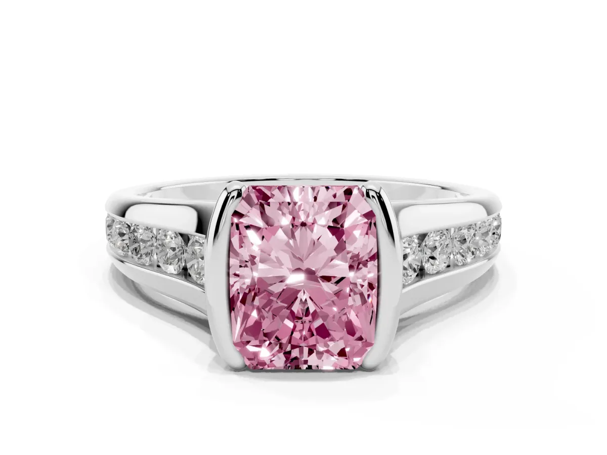 Fancy Pink Radiant Cut Solitaire Bezel-Set Diamond Ring with Channel-Set Band Silver