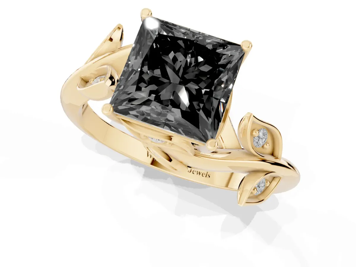 Fancy Black Princess Cut Solitaire Twist Engagement Ring with Leaf Accents and Prong Setting Yellow gold