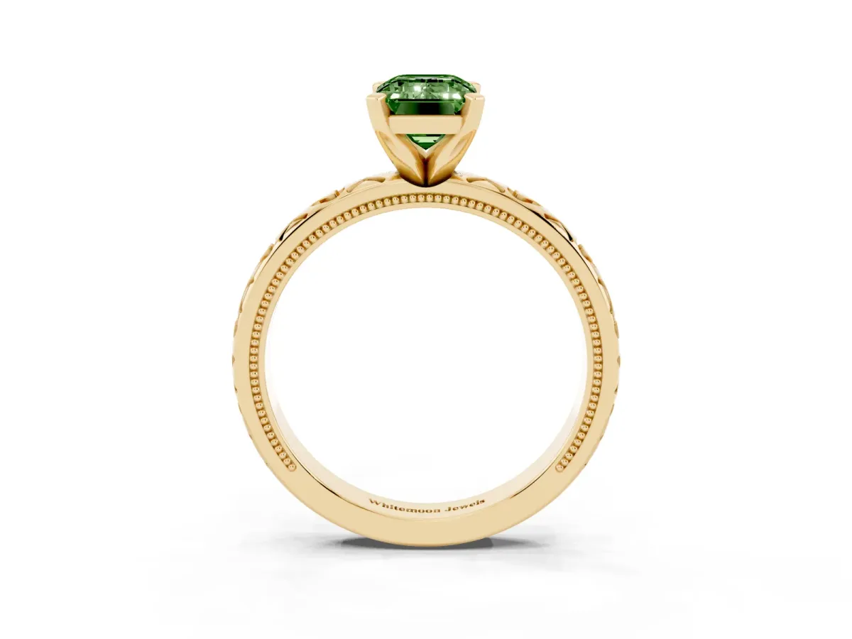 Fancy Green Emerald Cut Solitaire Diamond Engagement Ring with XO Engraved Band and Four-Prong Setting Yellow gold