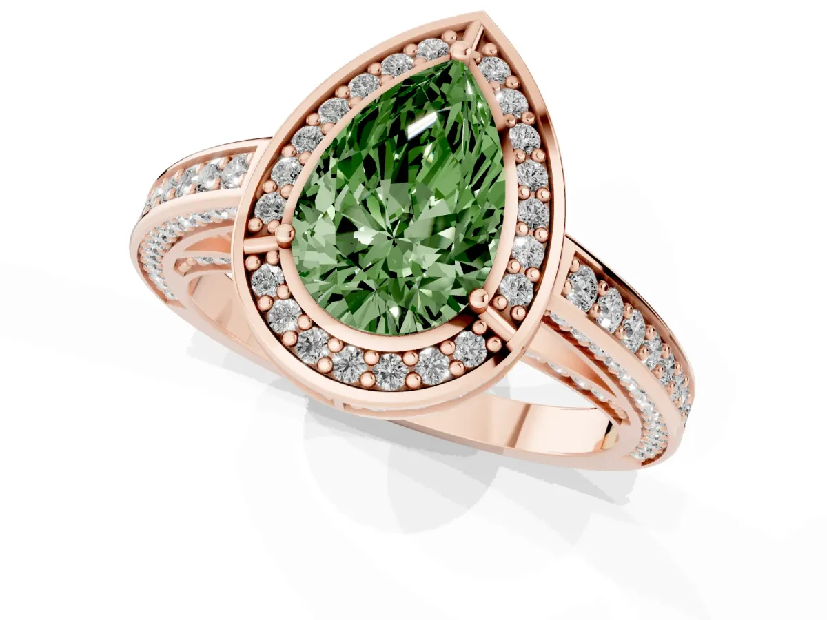 Fancy Green Pear Cut Cut Halo Pave Split Shank Prong Setting Ring Rose gold