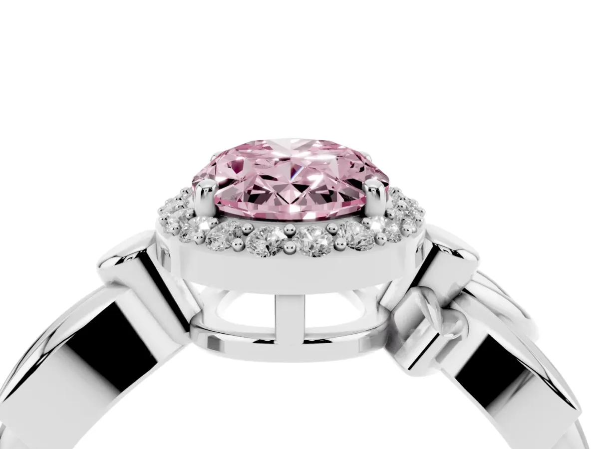 Fancy Pink Oval Cut Halo Diamond Floral Band with Four-Prong Setting Silver