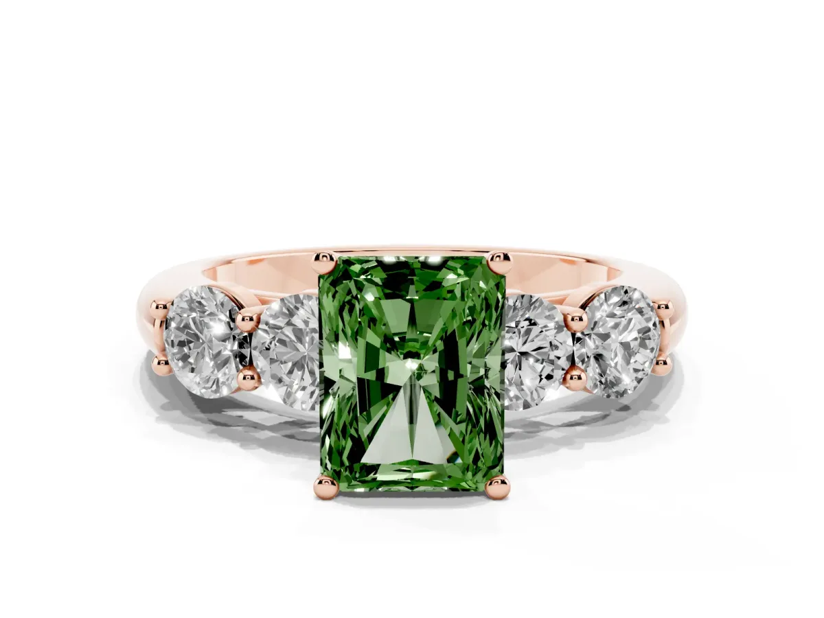 Fancy Green Radiant Cut Cut Five-Stone Prong Set Diamond Ring with Classic Band Rose gold