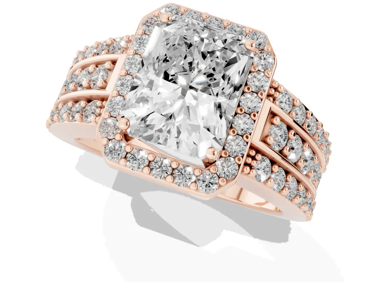 Radiant Cut Halo Diamond Ring with Round Split Shank and Prong Setting Rose gold
