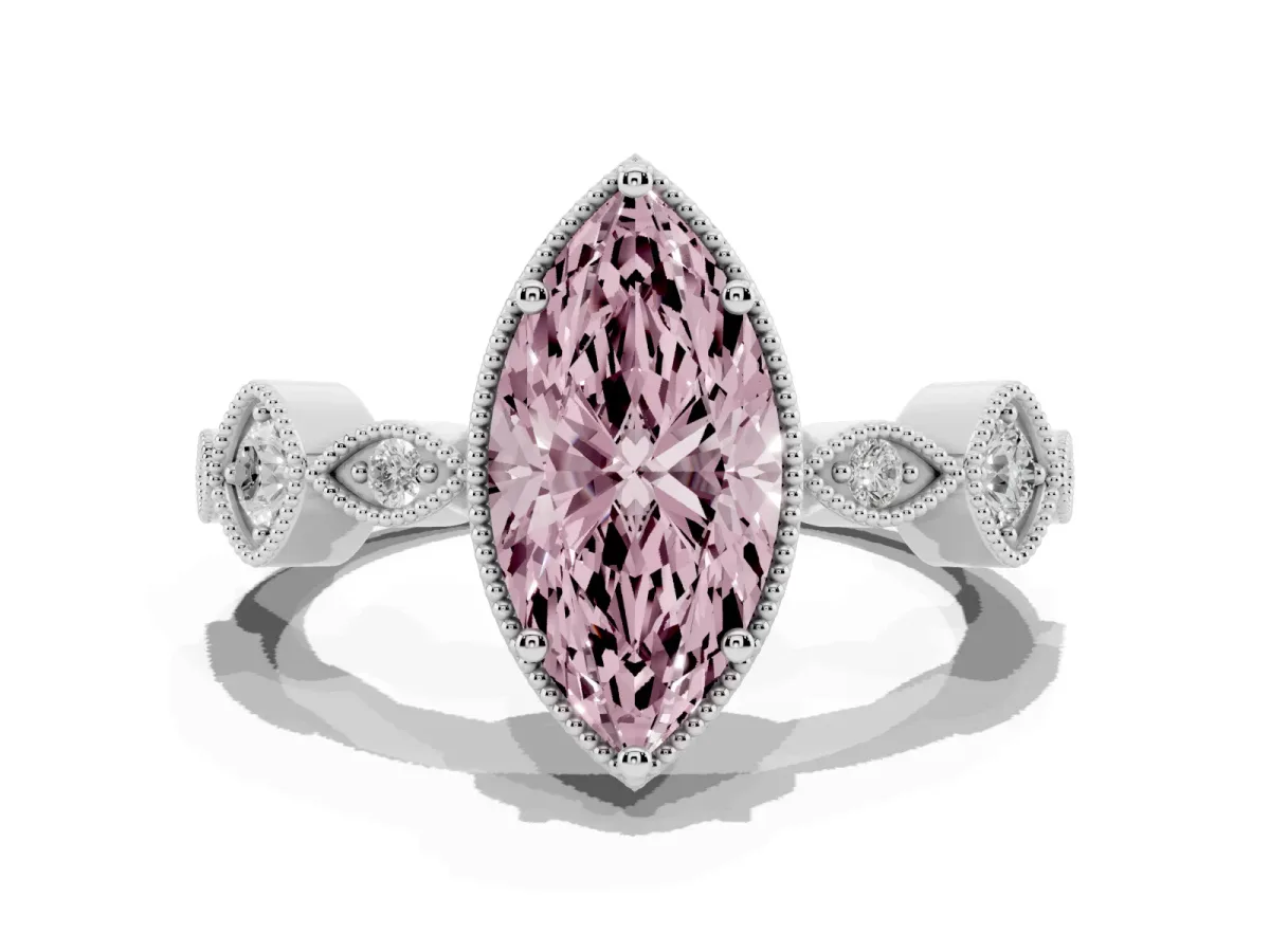 Fancy Pink Marquise Cut Diamond Vintage Milgrain Ring with Round Stations Silver