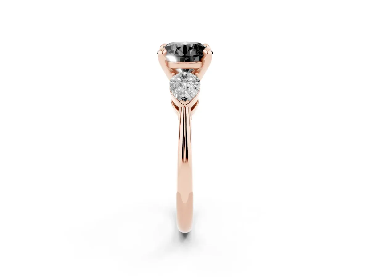 Fancy Black Three-Stone Round Cut Diamond Ring with Pear Side Stones and Four-Prong Setting Rose gold