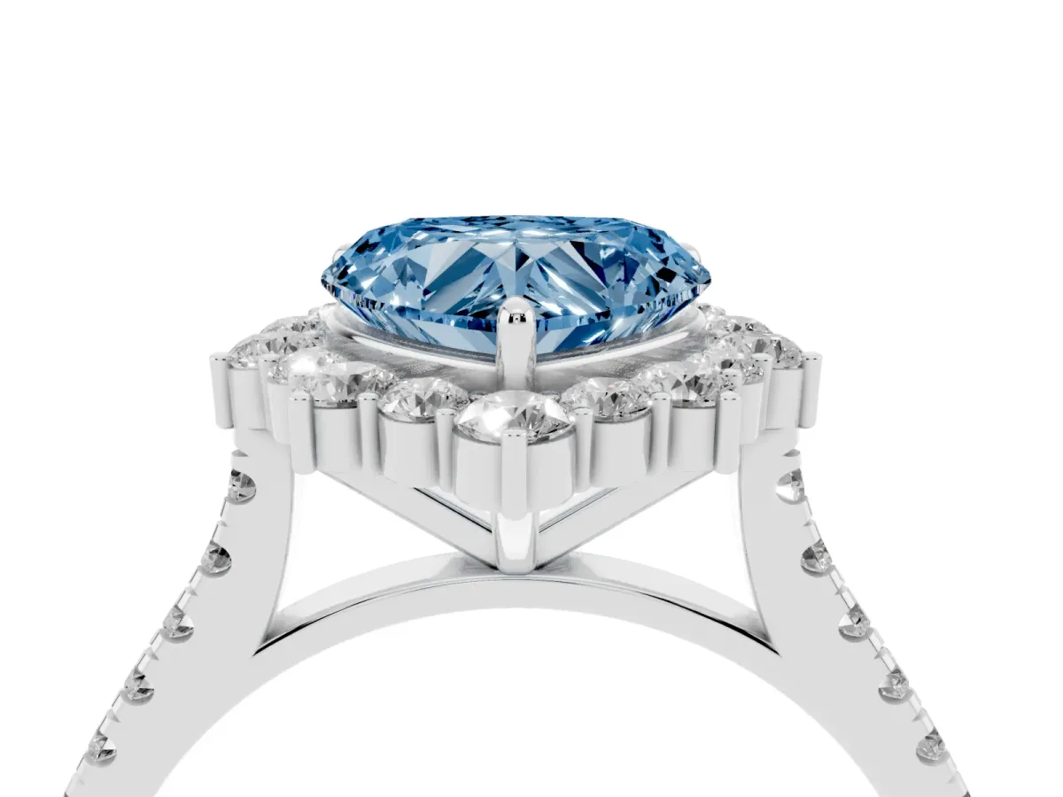 Fancy Blue Heart Cut Halo Diamond Ring with Pavé Band and Prong Setting Silver