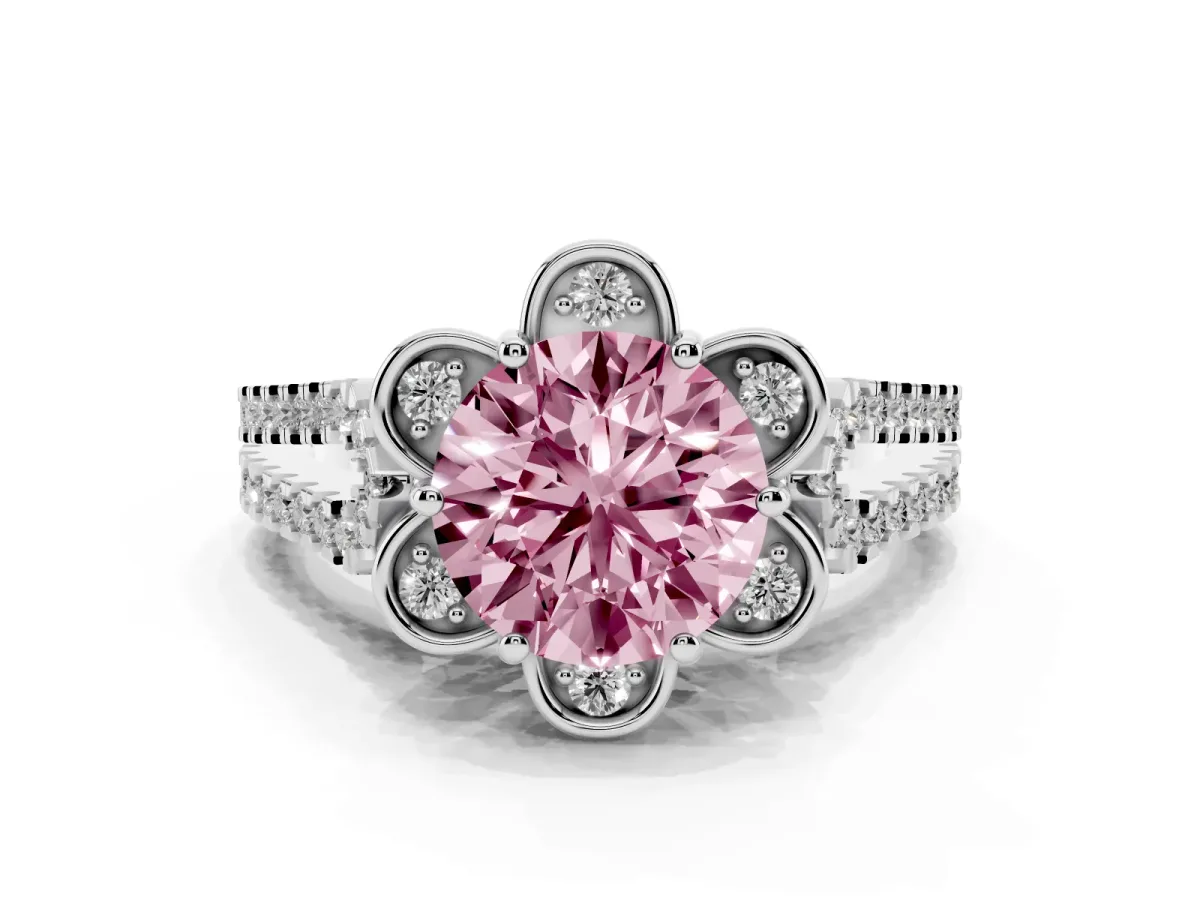 Fancy Pink Round Cut Halo Diamond Floral Split Shank Engagement Ring Silver