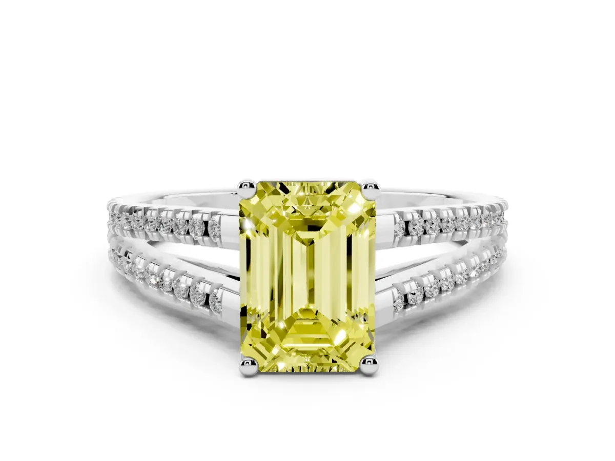 Fancy Yellow Emerald Cut Diamond Solitaire Engagement Ring with Split Shank Pavé Band Platinum
