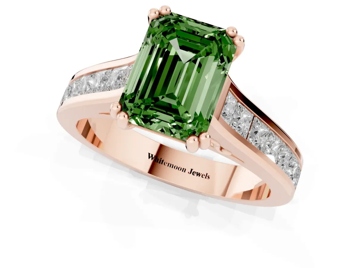 Fancy Green Emerald Cut Cut Channel Set Solitaire Engagement Ring with Prong Setting Rose gold