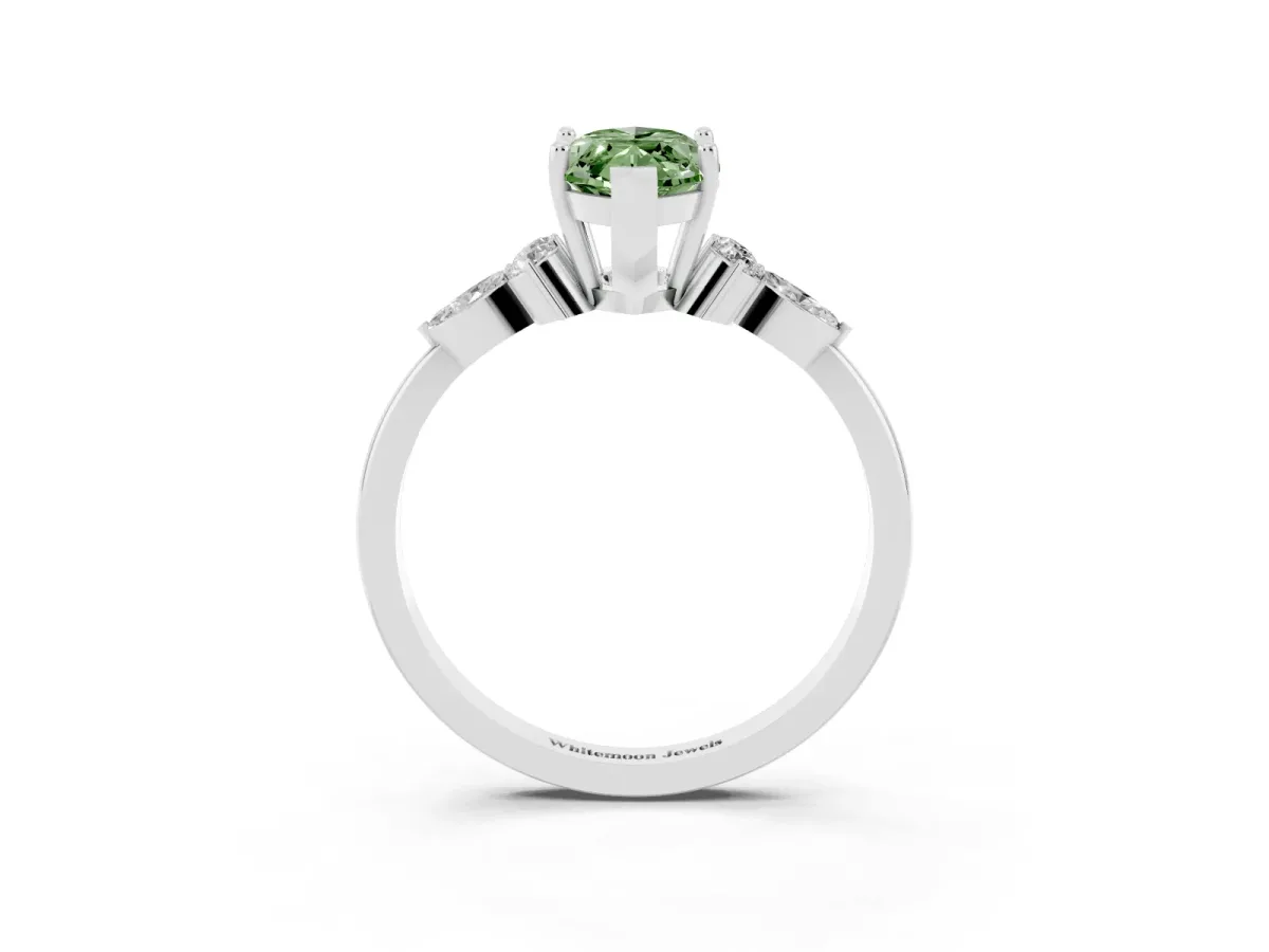 Fancy Green Marquise Cut Brilliant Diamond Solitaire Ring with Pear Side Stones and Four-Prong Setting Platinum